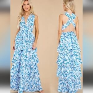 Aakaa Blue and White Tiered Halter Maxi Dress